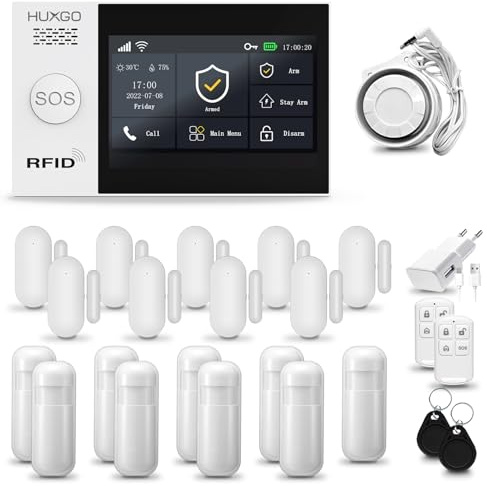 HUXGO® HXA007 Antifurto casa wireless WiFi + GSM 4G con sirena | Kit allarme casa senza fili: 9x rilevatori di movimento, 9x sensori di allarme per finestre/porte | Allarme Casa, Appartamento