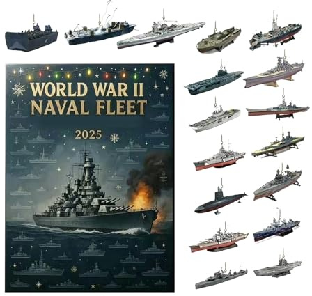 Marineflotte Adventskalender – Acryl 28x16x3cm | 24 Tage WW2 Kriegsschiff Anhänger | Weihnachts-Countdown-Kalender Für Geschichts- Und Militärliebhaber