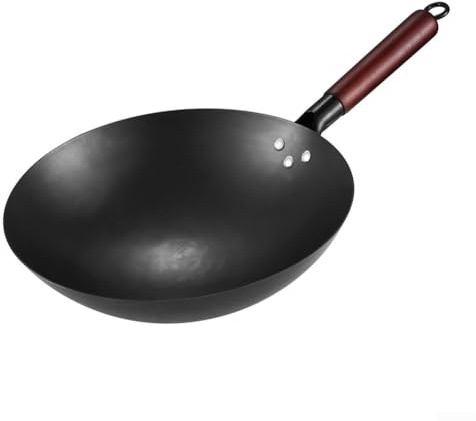 HEIBTENY Wok en fonte non revêtue faite à la main, poêle à frire antiadhésive pour la maison, la cuisine, compatible avec les cuisinières à gaz (30 cm)