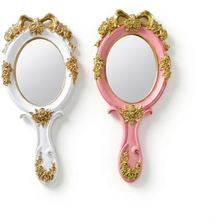 Zimoer Miroir à Main Vintage, 2 Pièces Miroir avec Poignée Maquillage Ovale, Motif Rose en Relief, Portable pour Le Maquillage, Le Coiffeur, la Maison, Les Voyages (Blanc, Rose)