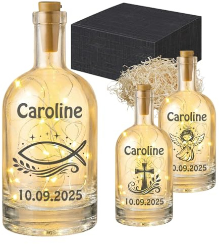 Personalisiertes Flaschenlicht mit Gravur & LED Lichterkette - Geschenk zur Taufe, Kommunion, Konfirmation, Firmung & Jugendweihe - Dekoflasche aus Glas mit Name, Datum & Symbol - 21,5 cm