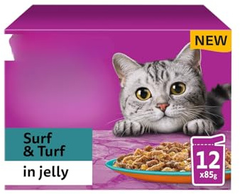 Surf & Turf In Jelly 12 X 85g - Adult Cat Food Containing Four Irresistible Combinations For Those Cats Who Love A Bit Of Everything: Chicken & Cod, Salmon & Turkey, Tuna & Trout, Beef & Poultry