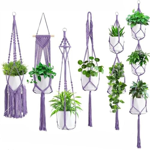 SansRealmL Lot de 6 pots de fleurs suspendus en macramé à suspendre pour l'intérieur - Avec crochets - En corde de coton - Violet - Décoration bohème pour balcon, fenêtre - 6 pièces