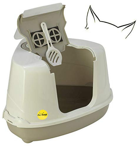CAT CENTRE Grey Large Corner Cat Flip Litter Tray Hooded Box Toilet +Scoop +Charcoal Filter Extra Deep Anti-Spillage Easy Cleaning Access Durable Flap Door Enclosed Kittens Detachable Safe Loo Den