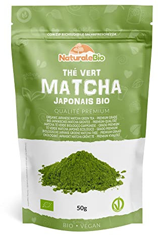 NaturaleBio Thé Matcha Bio Japonais. Premium Qualité. 50 gr. Thé Vert en Poudre. 100% Naturel. Matcha Green Tea Produit au Japon Uji, Kyoto. Idéal à Boire, pour Cuisiner et dans le Lait