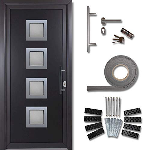kuporta Haustür Komplett-Set - Eingangstür Haustüre aus Kunststoff Modell: Rimini, 98 x 190 cm, DIN rechts, außen anthrazit & innen weiß mit Stoßgriff-Set, Montageset, Fugendichtband