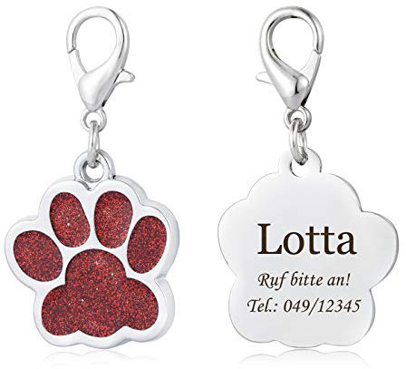 Pfote Hundemarke mit Gravur für Hunde und Katzen Pfotenabdruckmotiv ID-Tags Adressanhänger,Rot