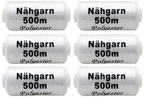 Preisjubel 6X Nähgarn Polyester weiß 500m, Nähfaden, Nähmaschinengarn, Syngarn, Garn für Nähmaschine