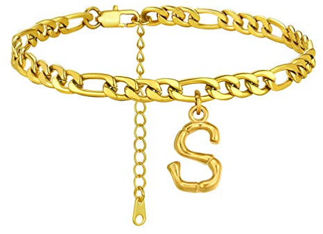 PROSTEEL Lettre S Bracelet Cheville Femme Plaqué Or Chaîne Figaro 22cm avec Pendentif Initial Plat Accessoire du Pied