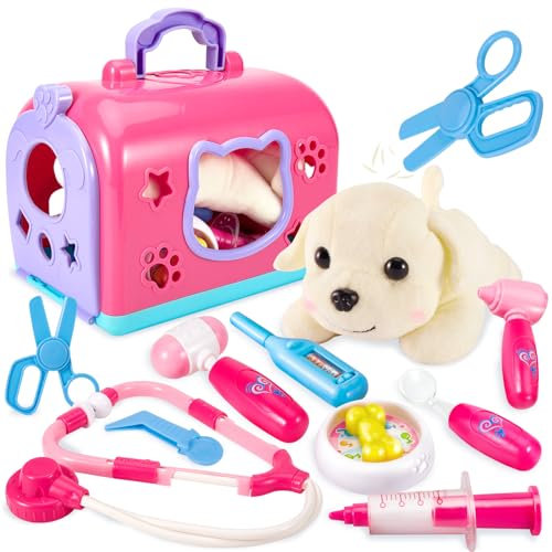 BUYGER Tierarztkoffer mit Hund Rollenspiel Spielzeug Tierarzt Spielset Arztkoffer Doktorkoffer für Kinder Mädchen Jungen ab 3 Jahren