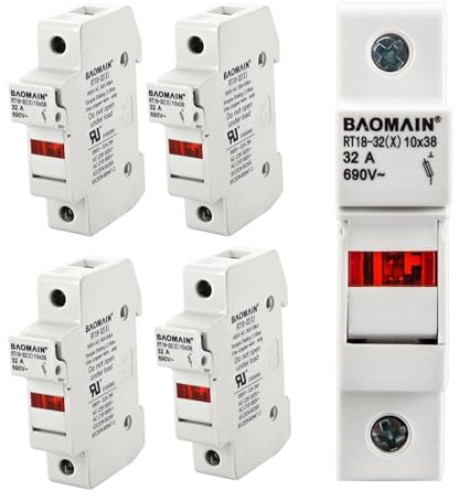 BAOMAIN 5-Pack RT18-32(X) 1P DIN Rail Fuse Holder - 32A 690V AC Cylindrical Fuse Base for 10x38mm Fuses, with LED Indicator Light, UL & CE Certified, Single Pole