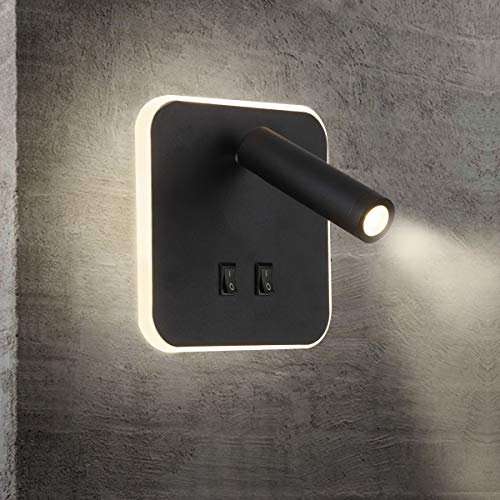 TWSXTE Bañador de pared Dormitorio Interruptor volvible apliques de lectura de pared cama Iluminación de Pared cabecera 360 gradosgiratoria Blanco/Blanco Cálido 3000K (3W + 10W)