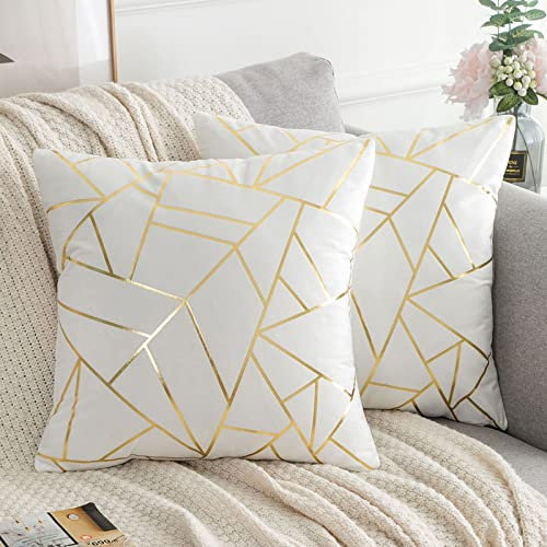Cubierta de Cojín Blanco y Dorado 40x40 Cojín Decorativo Geométrico Juego de Cama de 2 Terciopelo Cuadrado Cubierta de Almohada Moderna 16x16 para Sala de Estar Dormitorio Sofá