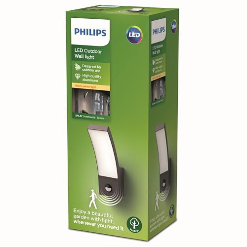 Philips Outdoor Splay LED Wandleuchte inkl. Sensor, 12W, Anthrazit, warmweißes Licht 2.700K, IP44 Schutzklasse, integriertes Leuchtmittel