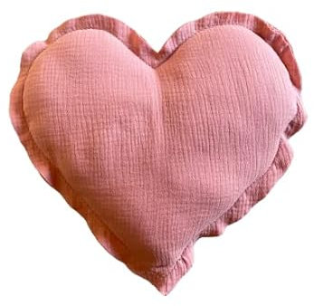 von Herzen Handmade Musselinkissen aus 100% Baumwolle Kuschelkissen I Dekokissen auf Musselin in Herzform I Herzkissen in 32 cm für Sofa & Bett I Handgenähtes Kissen mit Watte gefüllt I Altrosa
