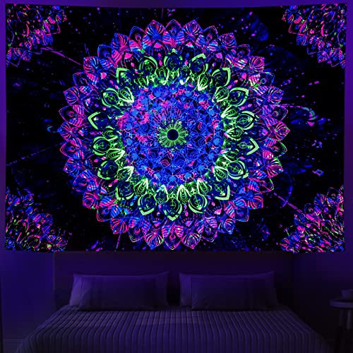 Heopapin Schwarzlicht-Wandteppich, Boho-Mandala-Wandteppich, UV-Reaktiv, Blumen-Wandteppich, psychedelisches Neon-Schwarzlicht-Poster, Wandbehang für Schlafzimmer, Wohnzimmer, 190 cm x 150 cm