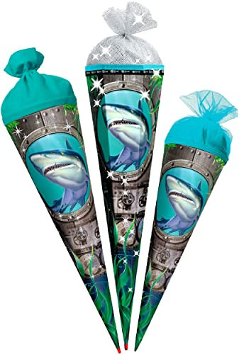 alles-meine.de GmbH Schultüte mit Glitzer - Effekt ! Hai Fisch 35-85 cm Größe wählbar mit Holzspitze Zuckertüte - Tüllabschluß/Filzabschluß - eckig/rund - Junge..
