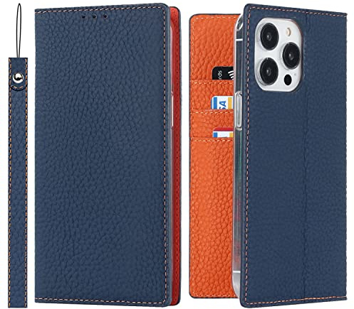 Cavor Phone Case Compatible for iPhone 14 Pro,Genuine Leather Flip Wallet Case,[3 Card Holders][Magnetic Closure][RFID-Blocking][Lanyard],Protective Case Cover for iPhone 14 Pro - Dark Blue