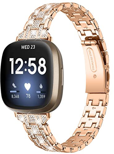 Metallarmband Kompatibel mit Fitbit Versa 4/Fitbit Sense 2/Fitbit Versa 3/Fitbit Sense Armband, Damen Herren Edelstahl Bling Strass Ersatzarmband Armband Zubehör Band Armband, Small/Large (Roségold)