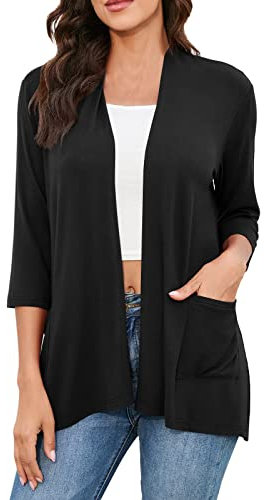2023-NUOVO- Cardigan leggero casual da donna con tasche 3 4 maniche davanti aperto spolverino oversize cardigan in maglia, Nero , XXL