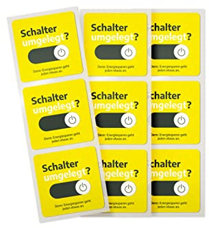 Aufkleber Energie sparen - 9 Stück - 5x5 cm - Hinweis Sticker für Büro und Arbeitsplatz - verschiedene Motive - gelb 50 x 50 mm - selbstklebend, wieder ablösbar (Schalter umgelegt?)