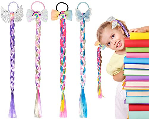YHSWIN 4 Stück Bunte Haarsträhnen Kinder Haarreif Prinzessin Zopf Haarverlängerung Geflochtene Zopf Mädchen Perücke Pferdeschwanz Haarteil Animation Cosplay Kinderperücke für Party Kostüm