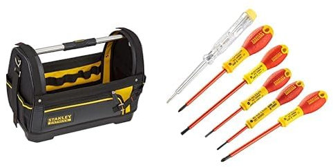 Stanley 1-93-951 Fatmax Sac à outils ouvert, 48 cm x 25 cm x 33 cm & FatMax 0-65-443 Jeu De 6 Tournevis Isolés 1000V - Gamme FatMax - Fabriqué En France - Liaison Quasi Incassable - Lame En Acier
