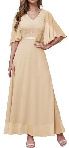 DRESSTELLS Abendkleid Damen Hochzeit Festlich Ballkleid mit V-Rücken Brautkleid Chiffon Cape Ärmel Spitzenkleid Elegant Lang Partykleid Champagne XL