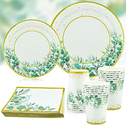 96 Pcs Sage Green Neutral Baby Shower Set for 24 Guests - Plates, Napkins, Cups Tableware Set for Birthday, Jungle Safari Party Decoration