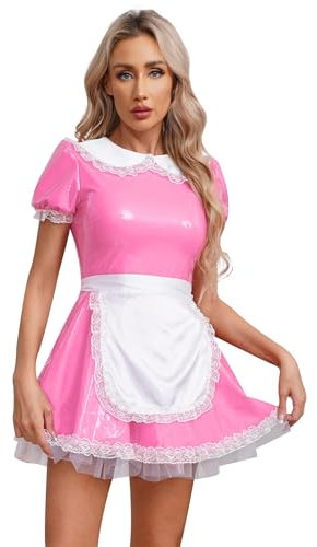 MSemis 3Pcs Damen Kostüm Dienstmädchen Lack Leder Kleid Lolita Cosplay Uniform Dessous Set Minikleid, Satin Schürze, Halsband Clubwear Gr. S-XL Rosa M XXL
