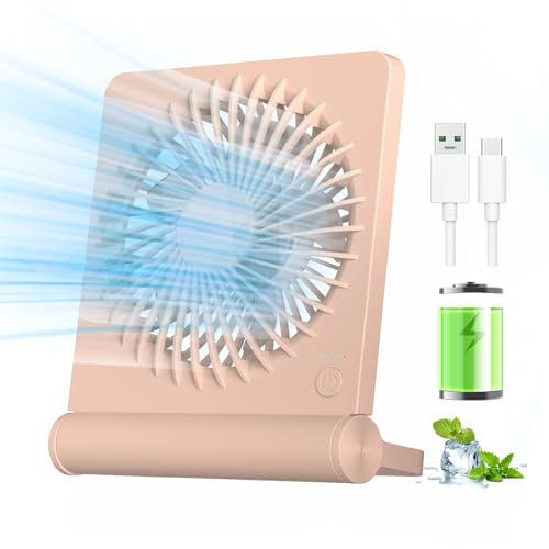 BIVBTP Kleiner Tischventilator, 2000mAh Tragbarer Wiederaufladbarer Ventilator, 3-Stufen-Variable, 220° Einstellbar, Leiser Lang Anhaltender USB Ventilatoren Geeignet für Büro, Zuhause, Reisen-Rosa