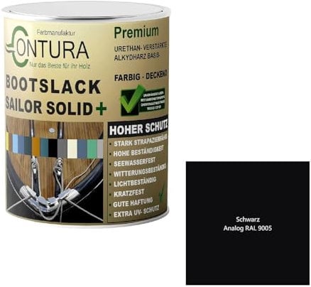 Contura Bootslack Farbig GLÄNZEND Yacht- Buntlack Metall Holz GFK Holzlack Boot Farblos (Schwarz - RAL9005 Analog, 500ml.)