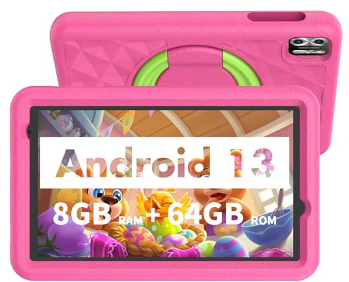 VASOUN Kids Tablet 8 inch, Android 13, 8GB(4gb+4gb Expand) RAM 64GB ROM, Toddler Tablet with Bluetooth, 5G WiFi, Kids App Pre-Installed, EVA Shockproof Case (Pink)