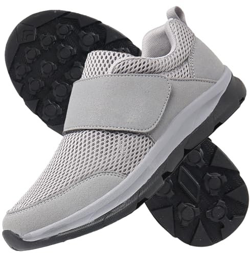 AZMAHT Orthopädische Herren Hands Free Slip On Sneaker Diabetiker Schuhe für Geschwollene Füße Senioren Schuhe mit Klettverschluss rutschfest Atmungsaktive Herren,Grau,43/265mm