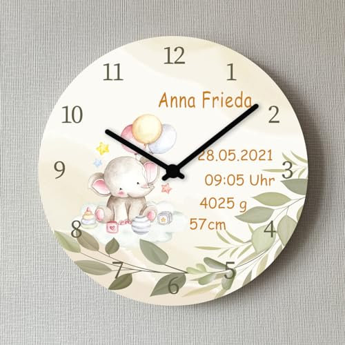 Wanduhr Elefant mit Geburtsdaten Baby Geburtsuhr personalisierte Kinderzimmeruhr Geschenk zur Geburt
