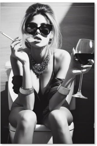 WBSTGUE Modernes sexy Frauen-Poster, Schwarz-Weiß-Fotografie, Leinwand-Kunst, Frau auf Toilette, raucht und trinkt Wein, Badezimmer-Wanddrucke, Bilder für Bar, Badezimmer, WC, Dekoration, 61 x 91,4