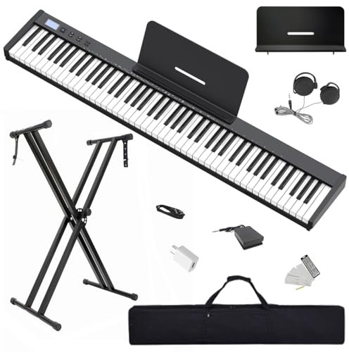 【Kit pianoforte digitale con supporto】Longeye Pianoforte Digitale 88 Tasti Tastiera Elettrica Semipesata Compatta e Portatile per Principianti,Borsa per il Trasporto,Pedale Sustain,Nero (Slim-88)