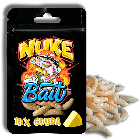 Nuke Bait - Forellenköder - Bienenmaden mit Lockstoff -10 Stück - Das Original Forellen Köder, Bienenmade, Kunstköder mit Geruch, Aroma Angelköder, Raubfisch, Bester Fischköder (Gouda - Aroma)