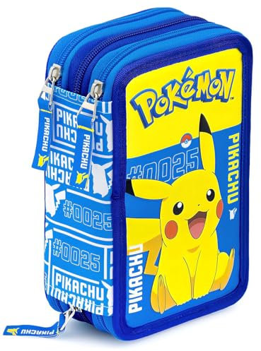 Clondo 3-Fach Federmäppchen für Pokemon Fan – 45-teilig, komplett gefüllt – mit 2 löschbaren Gelstiften, Schere, Kleber, Buntstiften – Blau und Gelb – ideal für Schule & als Geschenk