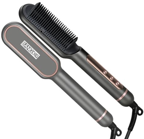 Cepillo alisador de cabello mejorado: plancha alisadora de cabello con iones negativos, calentamiento rápido en 30 segundos, 9 configuraciones de temperatura y pantalla LED (Gris)