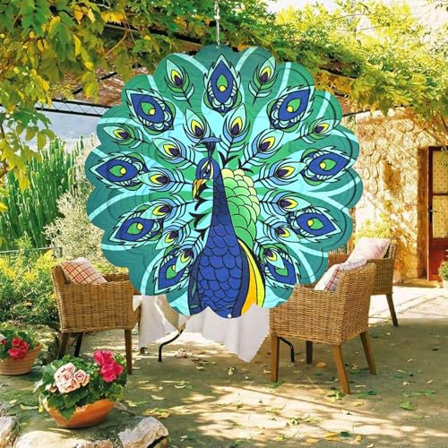 Windspiel für den Außenbereich, Pfau, Edelstahl, reflektierend, 30,5 cm, hängende Gartendekoration, 3D-hängende Windskulptur, kinetische Hofkunst-Dekoration
