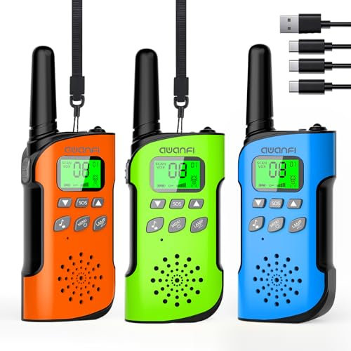 AWANFI Walkie Talkie Kinder 3er Set, Walkie Talkie Aufladbar mit Li-ion Akku, Funkgerät Set mit VOX und Taschenlampe, Walky Talky Camping Abenteuer, Geschenk für Kinder de 3-12 Jahre
