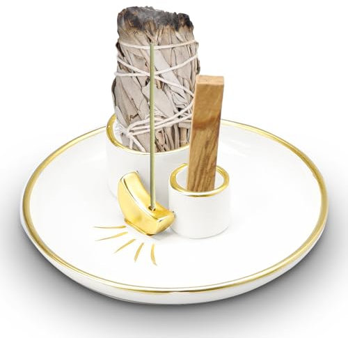 Porte-encens 4 en 1 : bol porte-encens, bol en céramique pour tout encens, palo santo, sauge blanche, bâtons d'encens et bougeoir (doré)