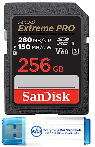 SanDisk Extreme Pro UHS-II SDXC-Speicherkarte für Digitalkameras, 256 GB | Kompatibel mit DSLRs und Digitalkameras (SDSDXEP-256G-GN4IN) Bundle mit 1 Everything But Stromboli SD-Kartenleser