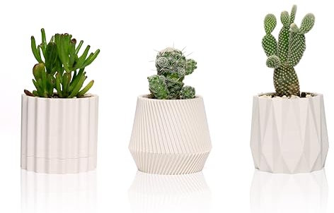 UNIBELA Set di 3 vasi per piante grasse con sottovaso, 9 cm, in plastica senza BPA, vaso per piante grasse (bianco)