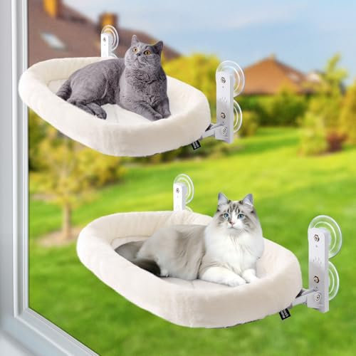 GUUSII HOME 2PCS Hamaca Gato Ventana Cama Colgante para Gatos Amaca con Ventosa Plegable Hamacas Grande Cálido Camita de Interior Funda Reversible Fácil de Montar 53*30cm Soporta hasta 18kg (Blanco)