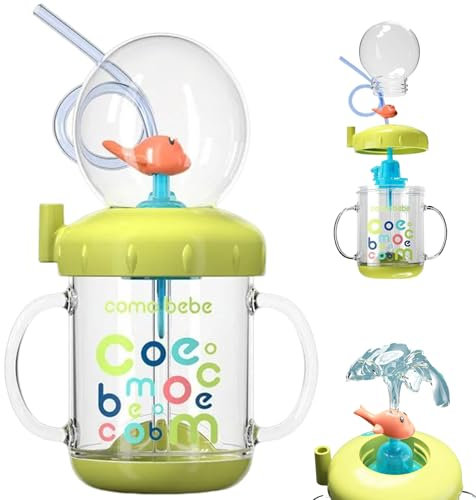 Peosaard Toddler Sippy Cup 220 ML Bouteille d'eau de bébé en Verre étanchées avec Baleine Portable Tasse à Manches portatives avec Paille enveloppante pour Les Enfants