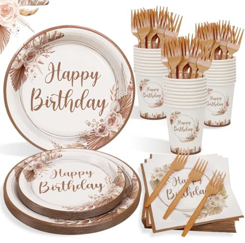 Heboland 1st Birthday Plates and Napkins Sets for Girls, 100Pcs Brown Paper Plates Neutral Boho Party Reusable Tableware Birthday Anniversary Party Decorations for Girls - 25 Guests