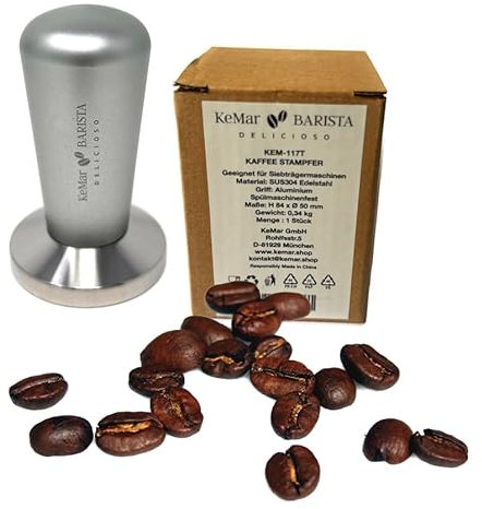 KeMar Barista Delicioso Kaffee Stampfer, 50 mm, Edelstahl, Aluminium-Griff, 340 g, Kaffeepulver Tamper