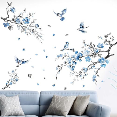 Kirschblüten Wandaufkleber Vogel Wandtattoo für Schlafzimmer: Abziehen und kleben Blume Blau Blumen Baum Zweig Wandabziehbilder - Wohnzimmer Büro Badezimmer